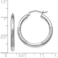 14K White Gold Satin and Diamond-Cut 3mm Round Hoop Earrings - Rhodium Plated, 20mm Length by 0