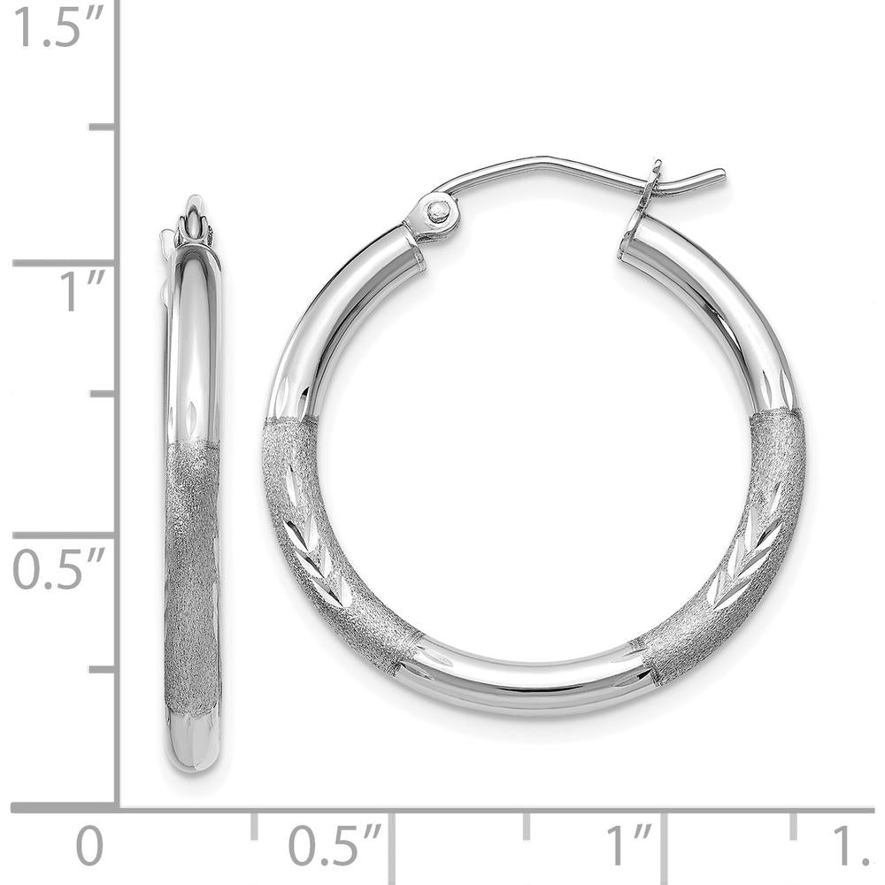 14K White Gold Satin and Diamond-Cut 3mm Round Hoop Earrings - Rhodium Plated, 20mm Length by 0