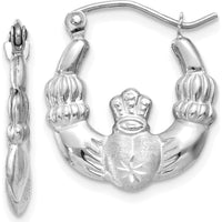 14K White Gold Satin and Diamond-Cut Claddagh Hoop Earrings - 17mm Length by 0