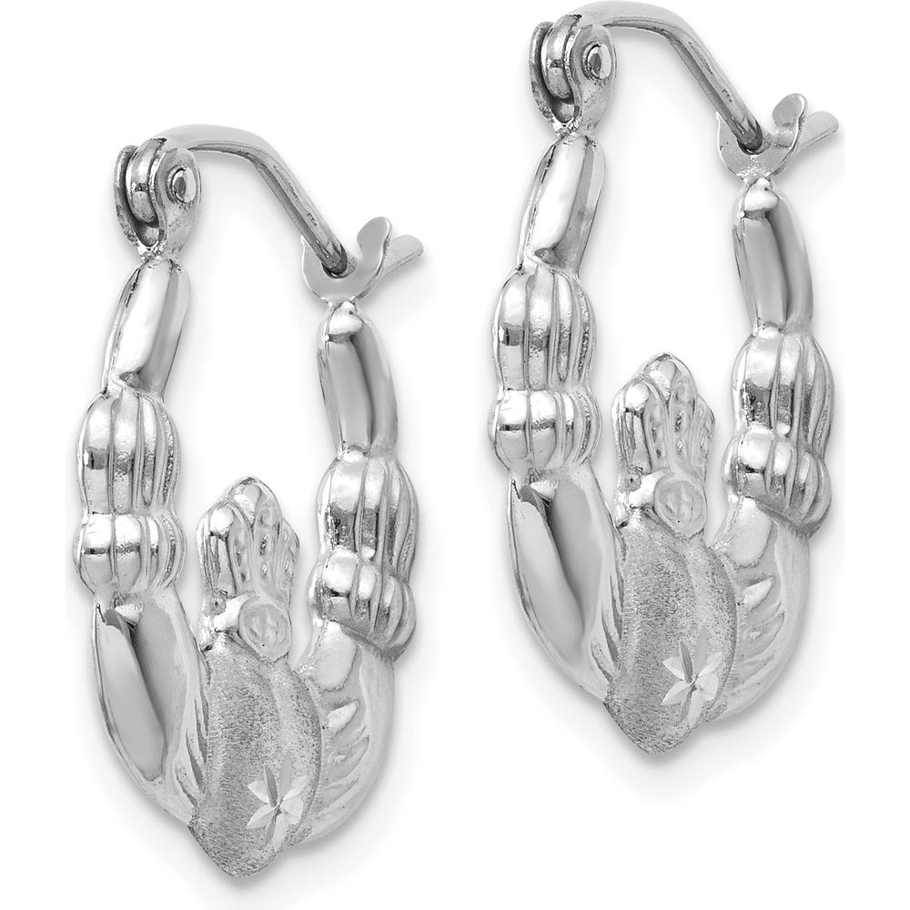 14K White Gold Satin and Diamond-Cut Claddagh Hoop Earrings - 17mm Length by 0