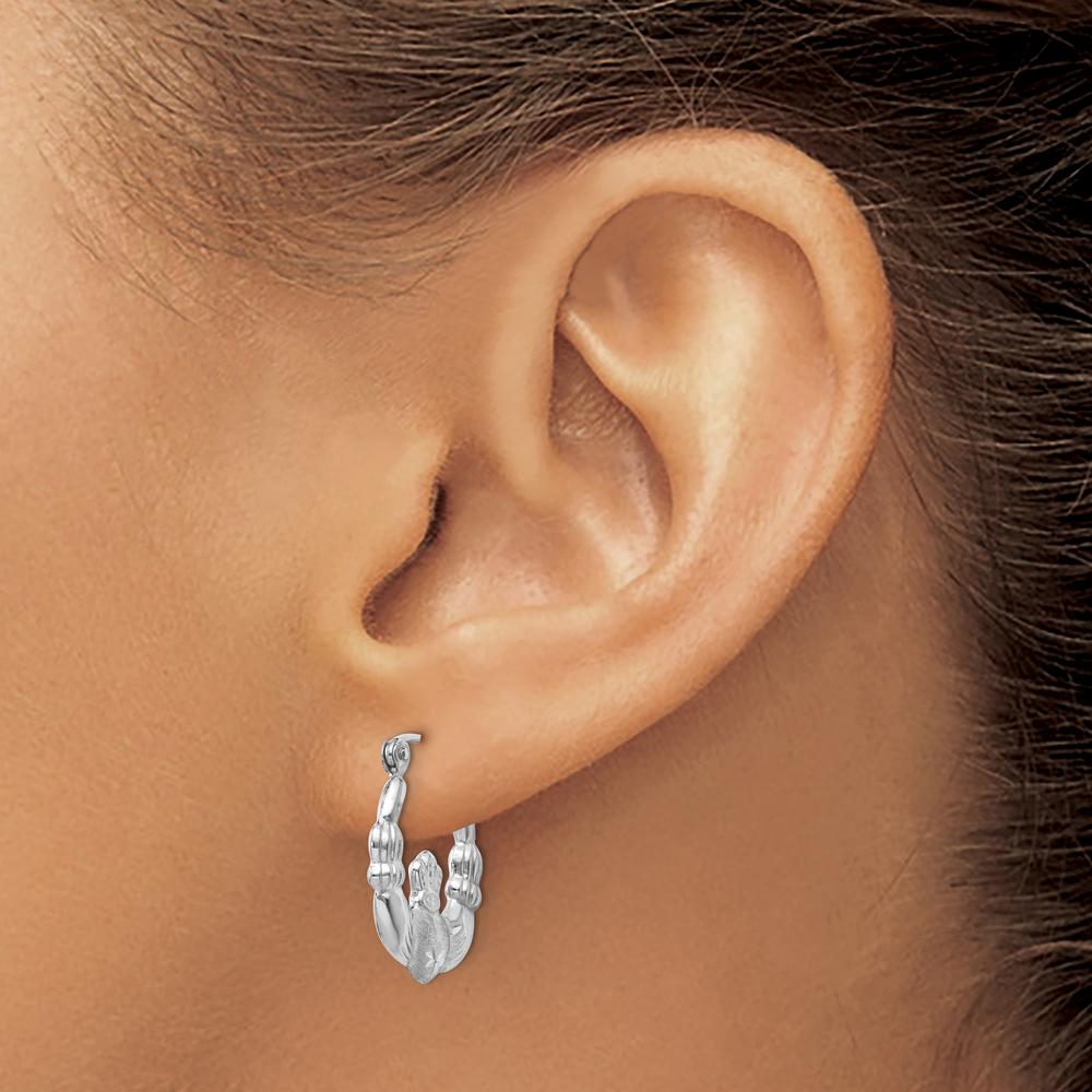 14K White Gold Satin and Diamond-Cut Claddagh Hoop Earrings - 17mm Length by 0