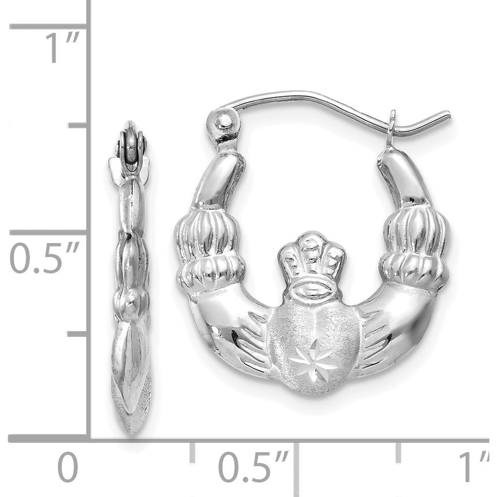 14K White Gold Satin and Diamond-Cut Claddagh Hoop Earrings - 17mm Length by 0