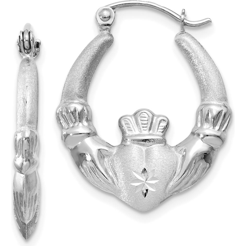 14K White Gold Satin and Diamond-Cut Claddagh Hoop Earrings - 21mm by 0