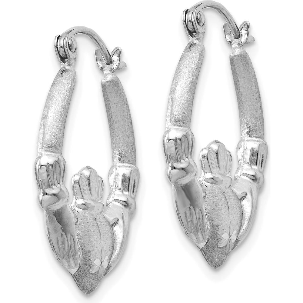 14K White Gold Satin and Diamond-Cut Claddagh Hoop Earrings - 21mm by 0