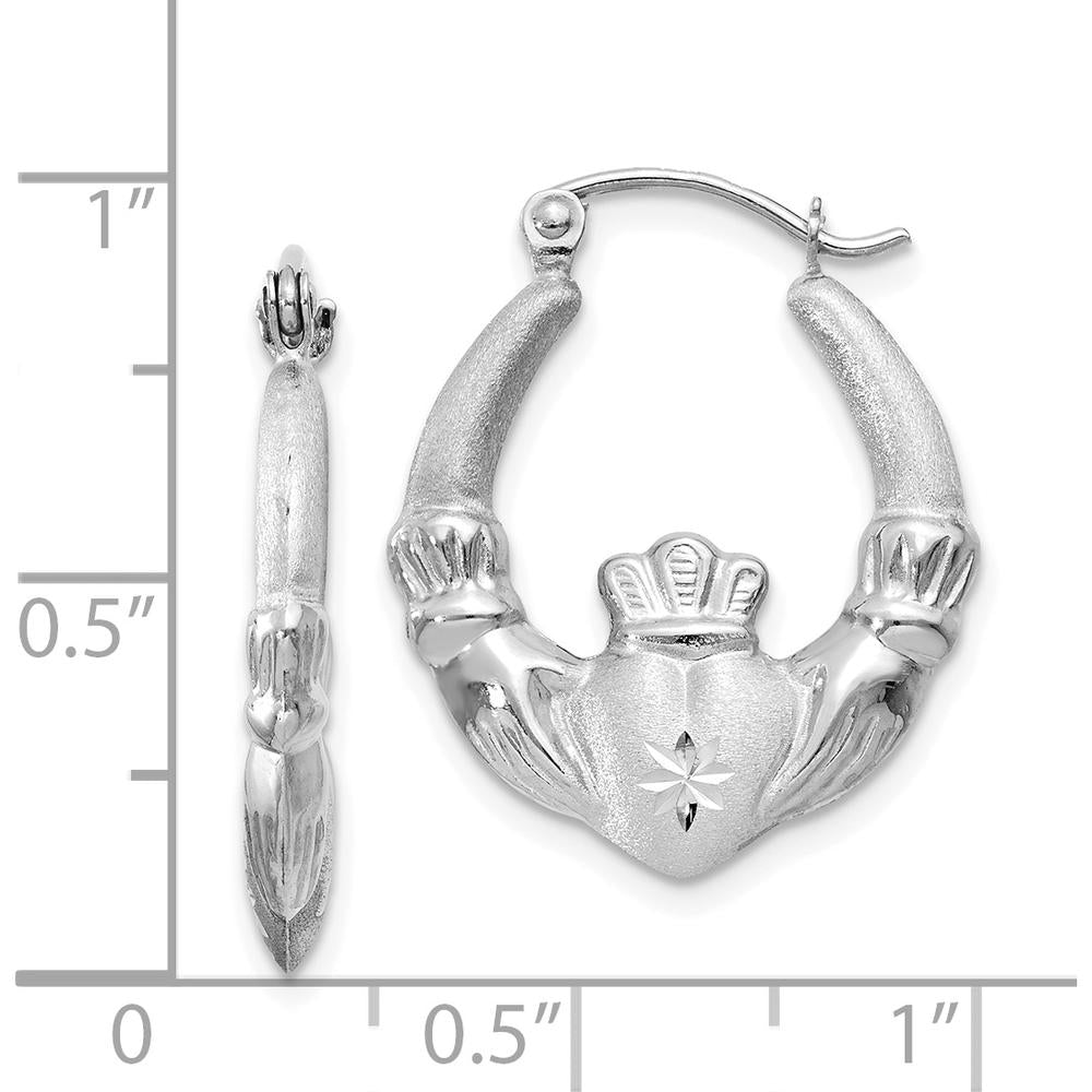 14K White Gold Satin and Diamond-Cut Claddagh Hoop Earrings - 21mm by 0