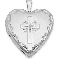 14K White Gold Satin and Diamond-Cut Cross Heart Locket with Diamond Accent - 0.010 Carat Total Diamond Weight by Monteluci Fine Jewelry