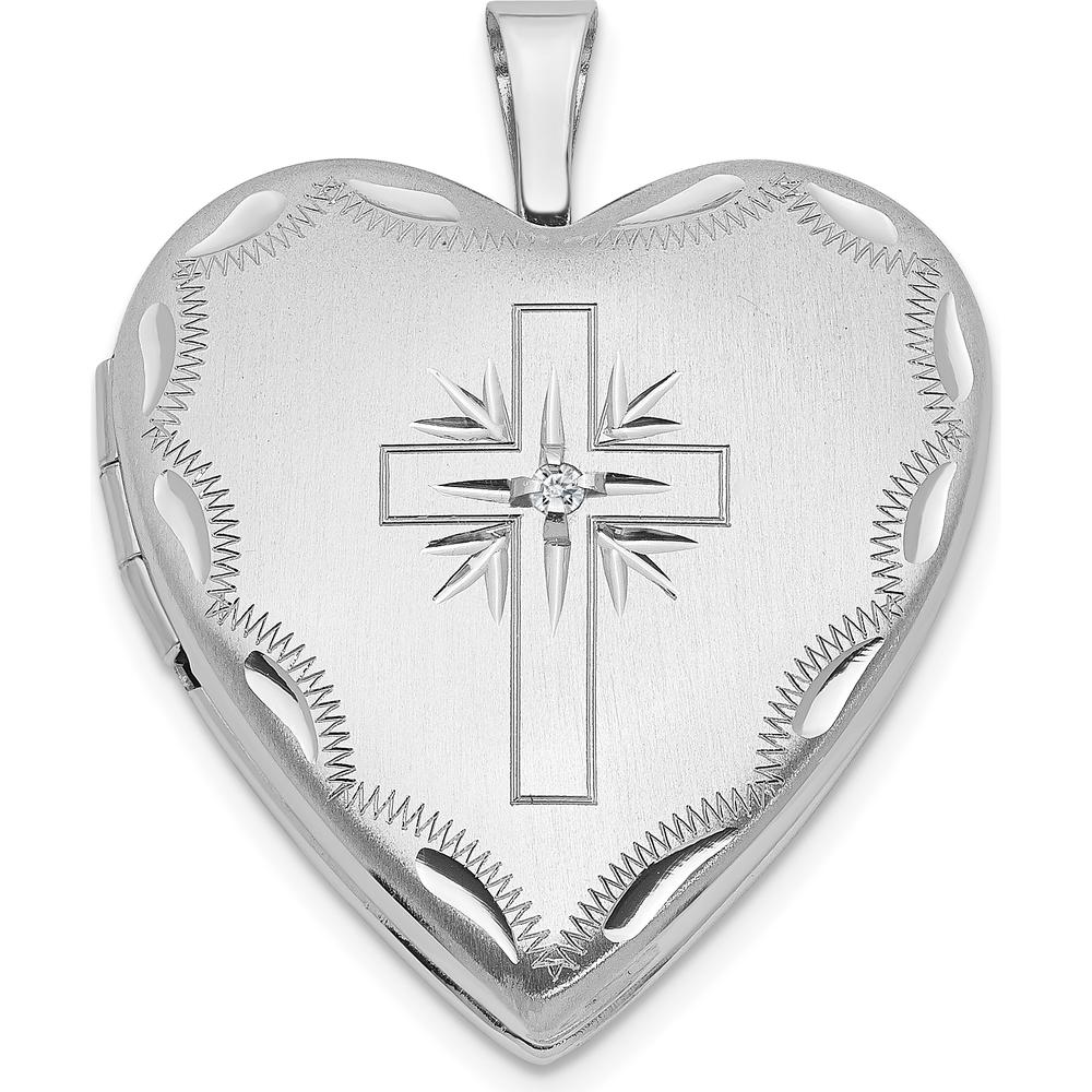 14K White Gold Satin and Diamond-Cut Cross Heart Locket with Diamond Accent - 0.010 Carat Total Diamond Weight by Monteluci Fine Jewelry