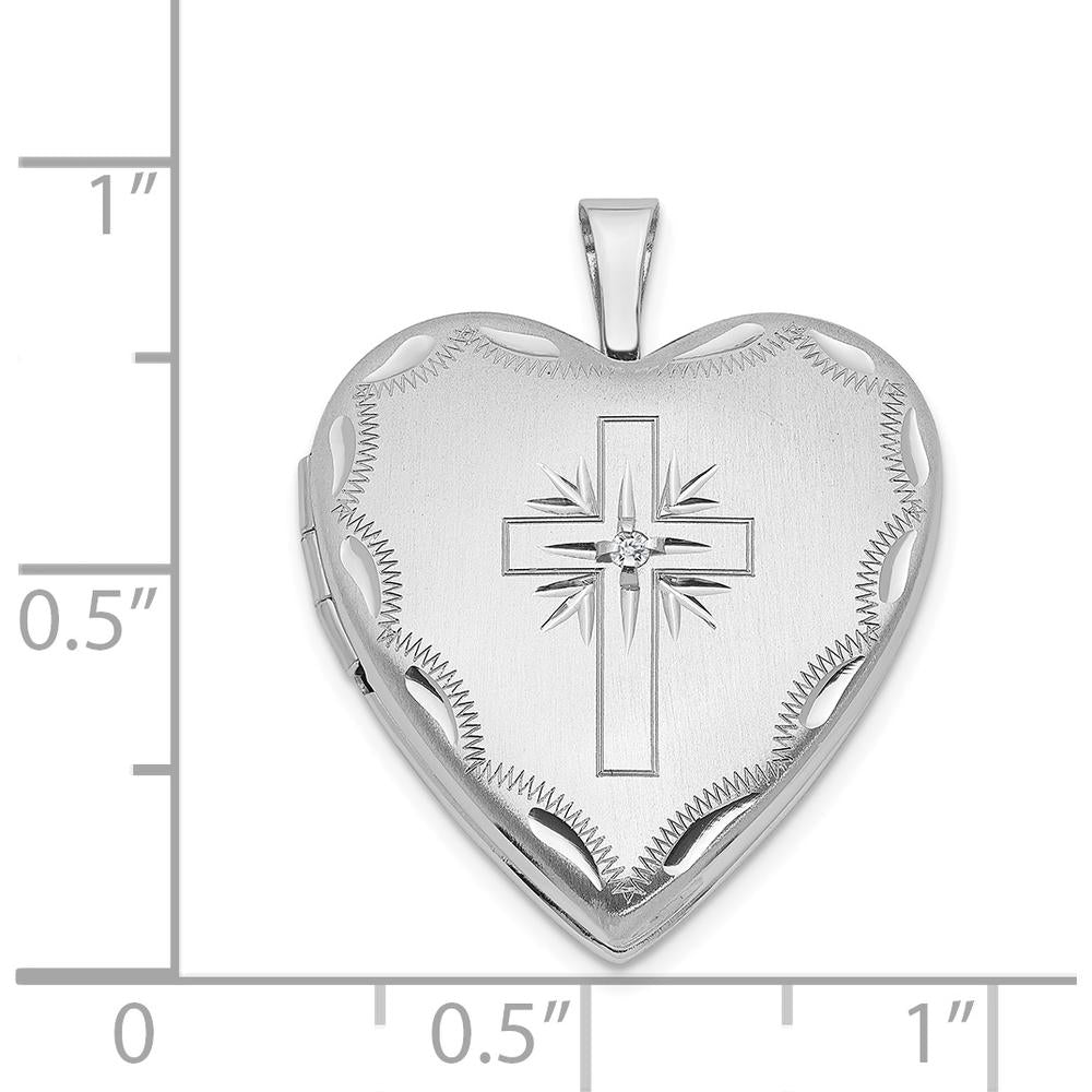 14K White Gold Satin and Diamond-Cut Cross Heart Locket with Diamond Accent - 0.010 Carat Total Diamond Weight by Monteluci Fine Jewelry