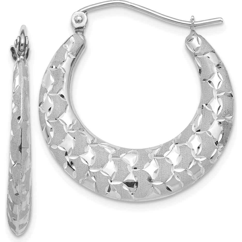 14K White Gold Satin and Diamond-Cut Hoop Earrings - 26mm by 0
