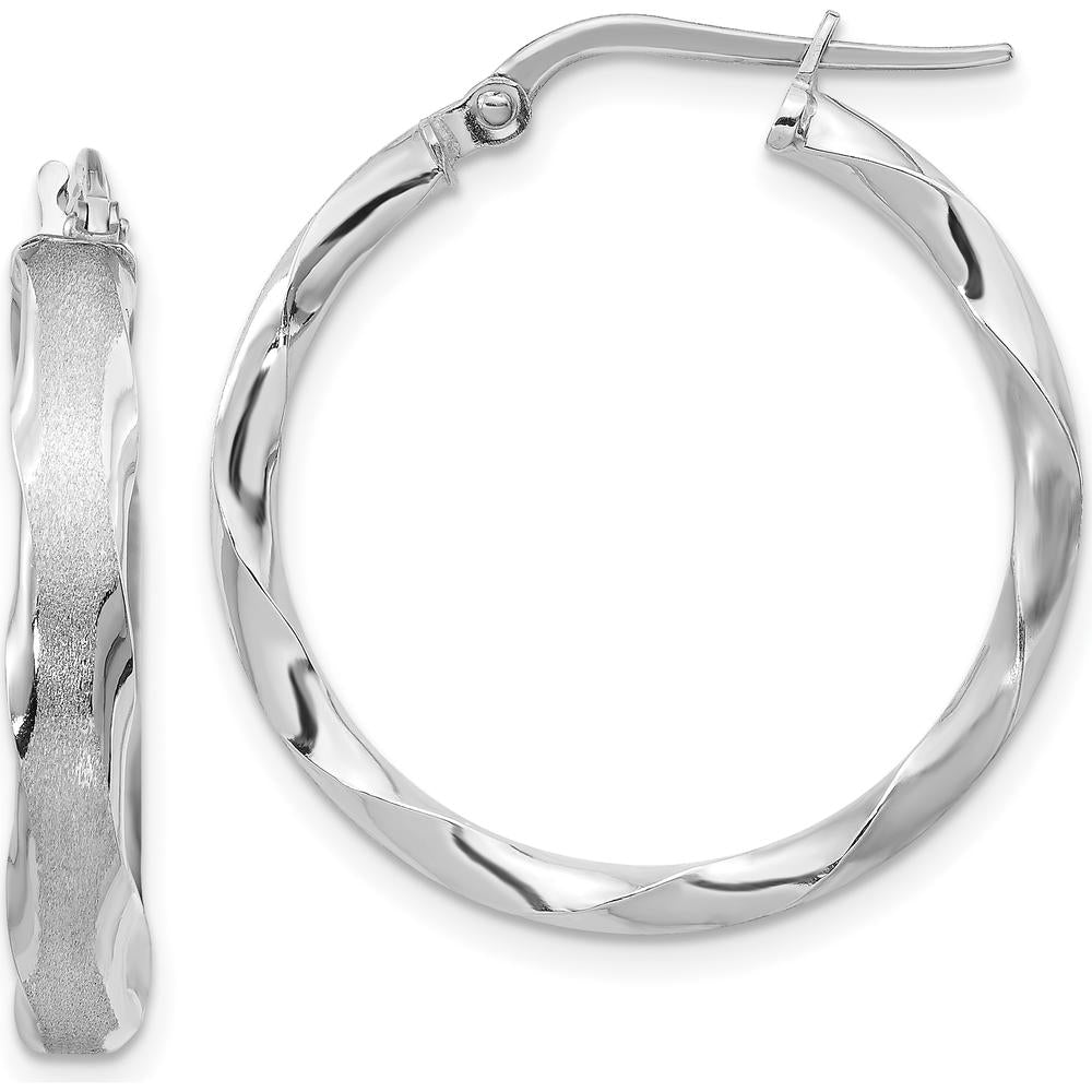 14K White Gold Satin and Polished Scalloped Edge Hoop Earrings - 27mm Length by 0