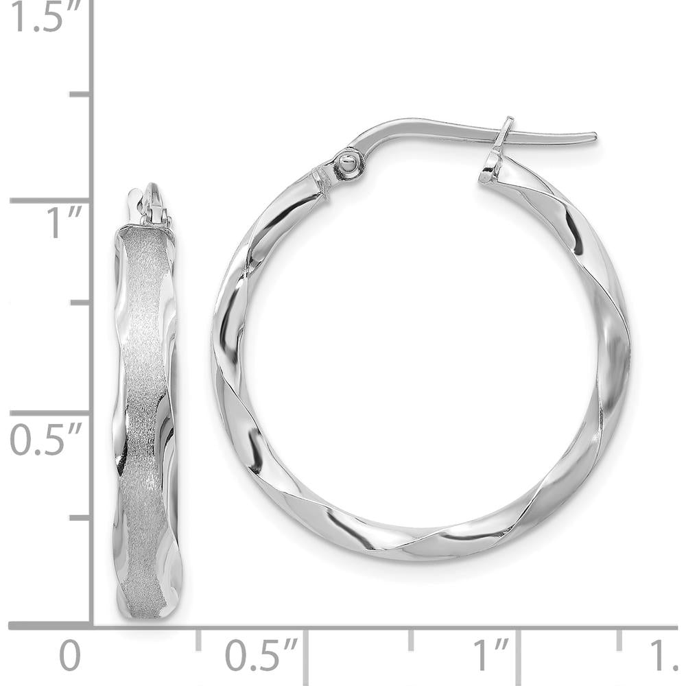 14K White Gold Satin and Polished Scalloped Edge Hoop Earrings - 27mm Length by 0