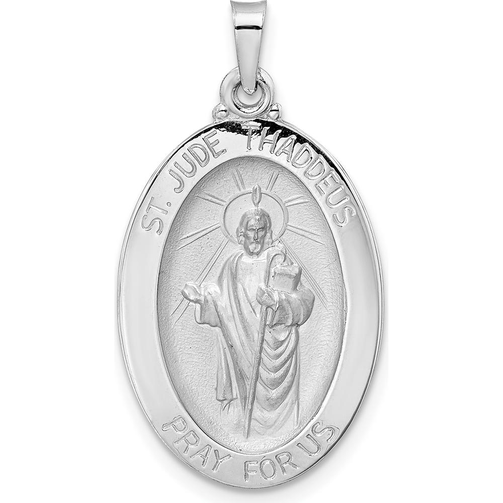 14K White Gold Satin and Polished St. Jude Thaddeus Oval Medal Pendant - Faith and Prayer Symbol by Oro Pregiato