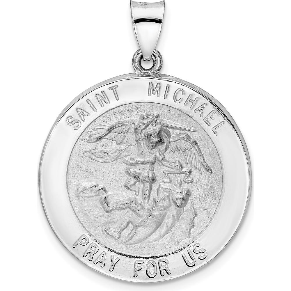 14K White Gold Satin and Polished St. Michael Round Pendant Medal with Hollow Design by Oro Pregiato