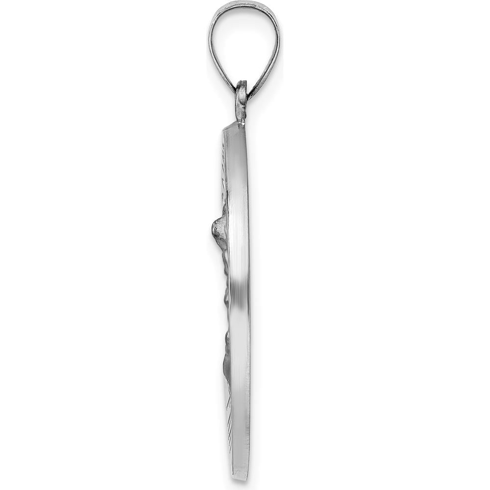 14K White Gold Satin and Polished St. Michael Round Pendant Medal with Hollow Design by Oro Pregiato