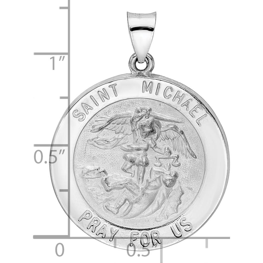 14K White Gold Satin and Polished St. Michael Round Pendant Medal with Hollow Design by Oro Pregiato