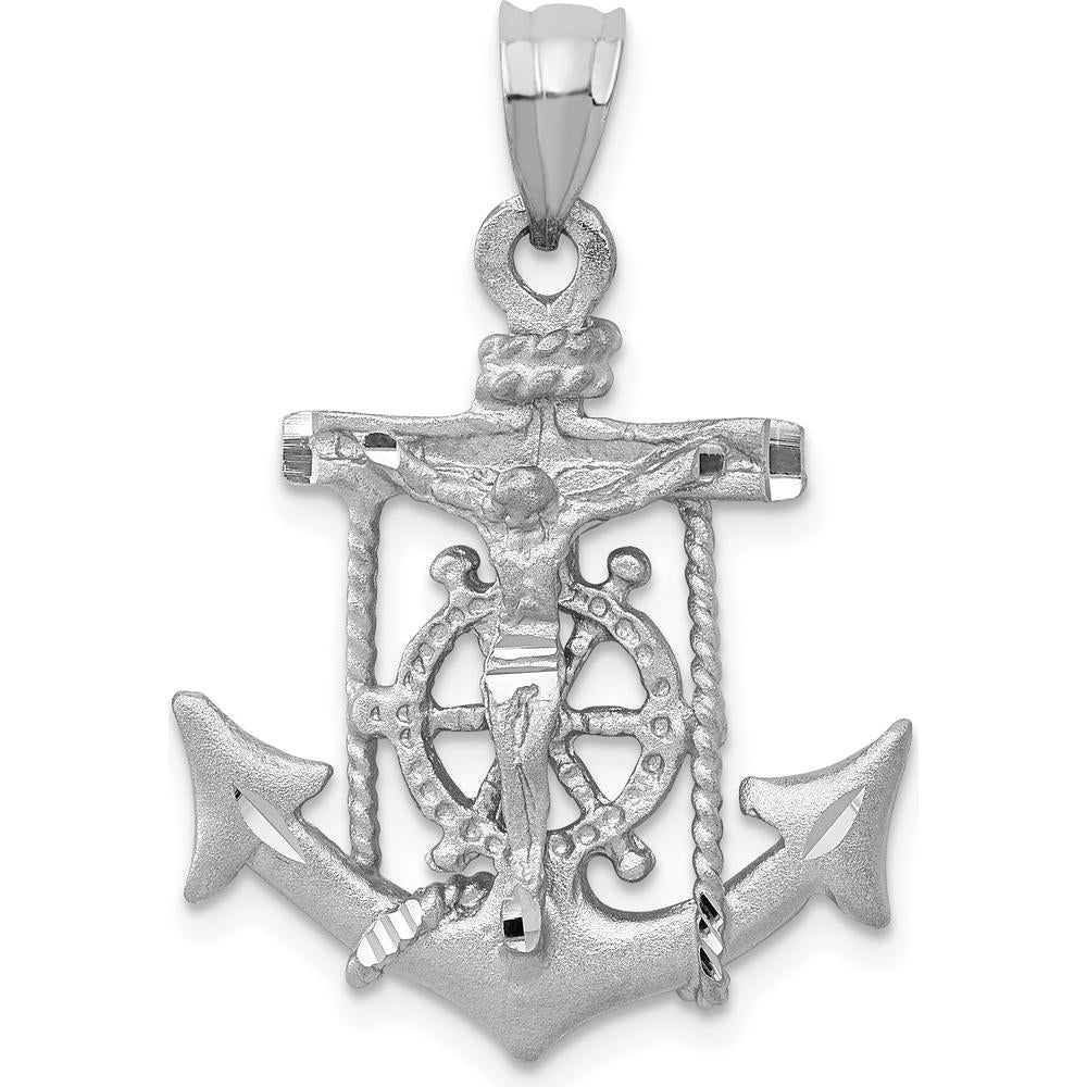 14K White Gold Satin Diamond-Cut Mariners Crucifix Pendant with Rhodium Plating by Oro Pregiato