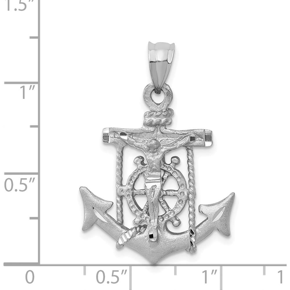 14K White Gold Satin Diamond-Cut Mariners Crucifix Pendant with Rhodium Plating by Oro Pregiato