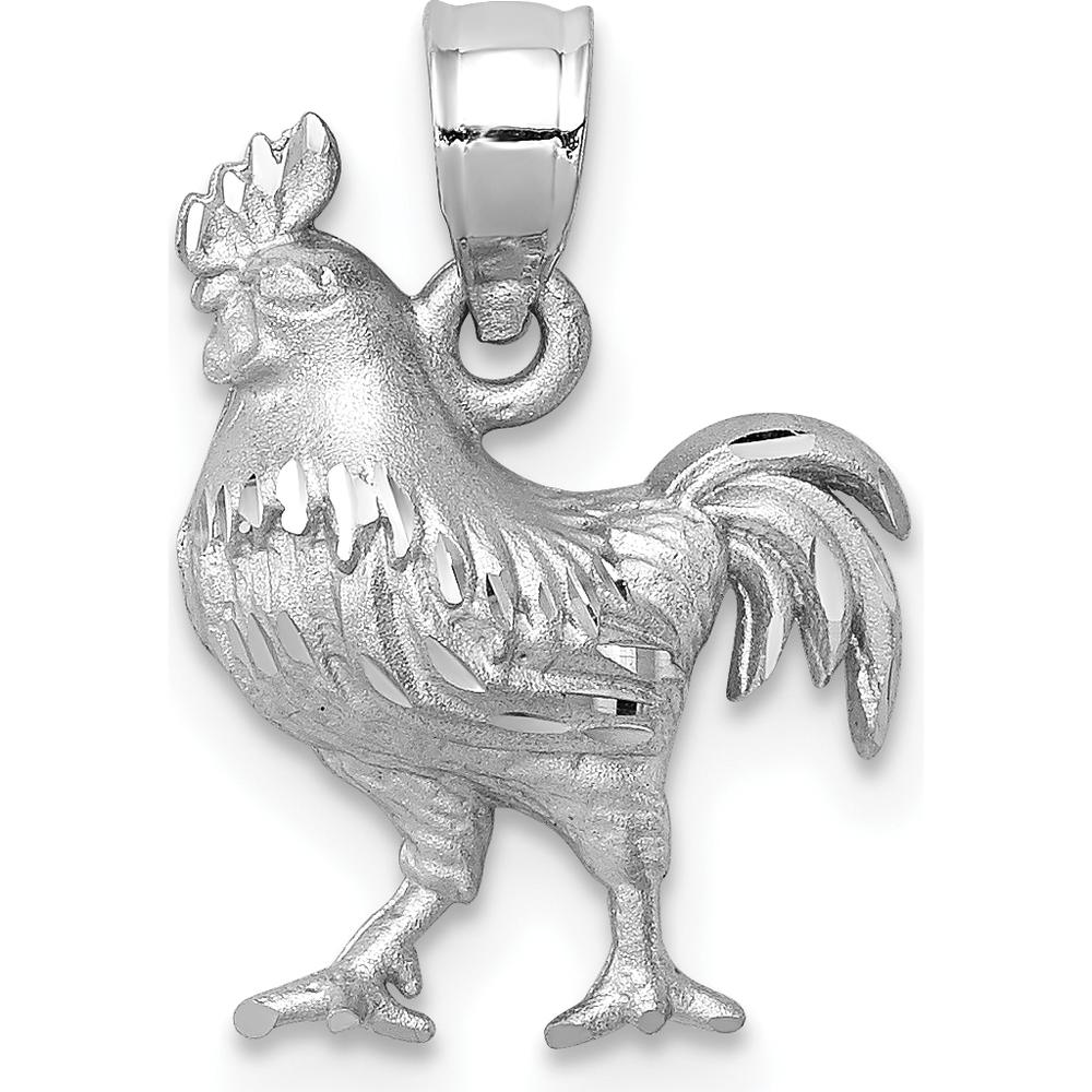 14K White Gold Satin Diamond-Cut Rooster Pendant by Oro Pregiato