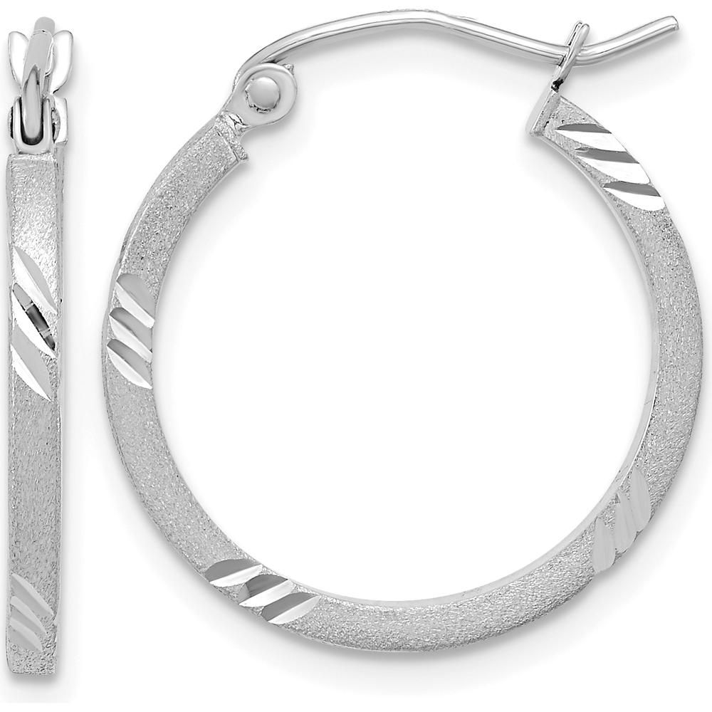 14K White Gold Satin Diamond-Cut Square Tube Hoop Earrings - 1.75mm Width, 21.74mm Length by 0