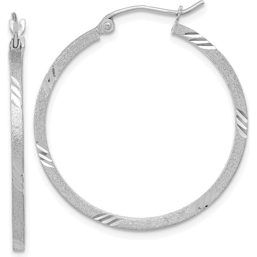 14K White Gold Satin Diamond-Cut Square Tube Hoop Earrings - Elegant Women's Jewelry by 0