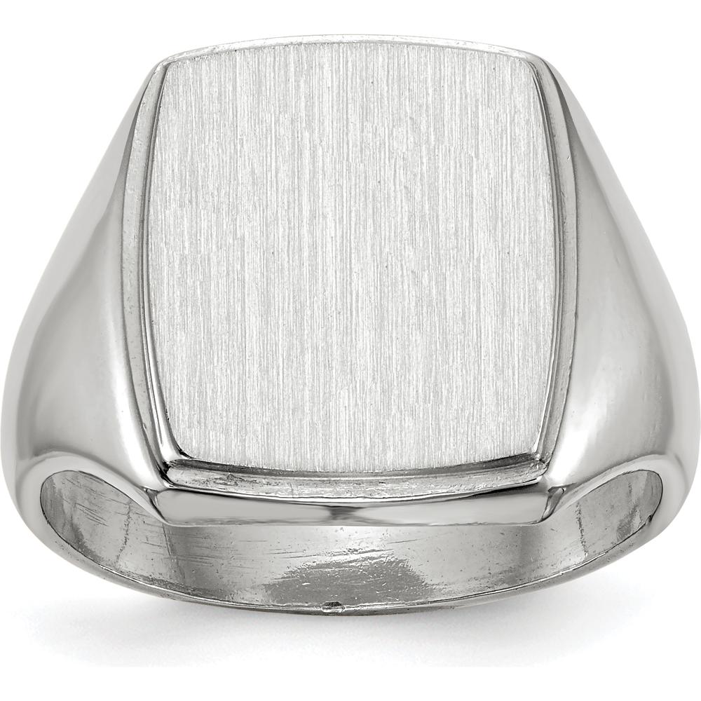 14K White Gold Satin Finish Men's Signet Ring with Polished & Brushed Detailing - Engravable, 13.0x15.0mm Top by 0