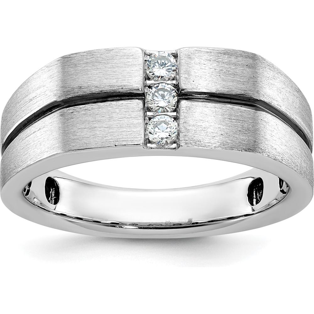 14K White Gold Satin Grooved Three Stone Men's Ring Mounting - Customizable Setting for Diamond or Gemstones by Monteluci Fine Jewelry