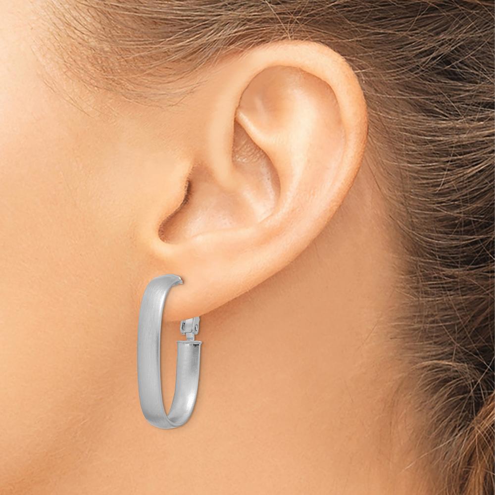 14K White Gold Satin Oval Medium Hoop Earrings with Rhodium Plating and Omega Back Closure by 0