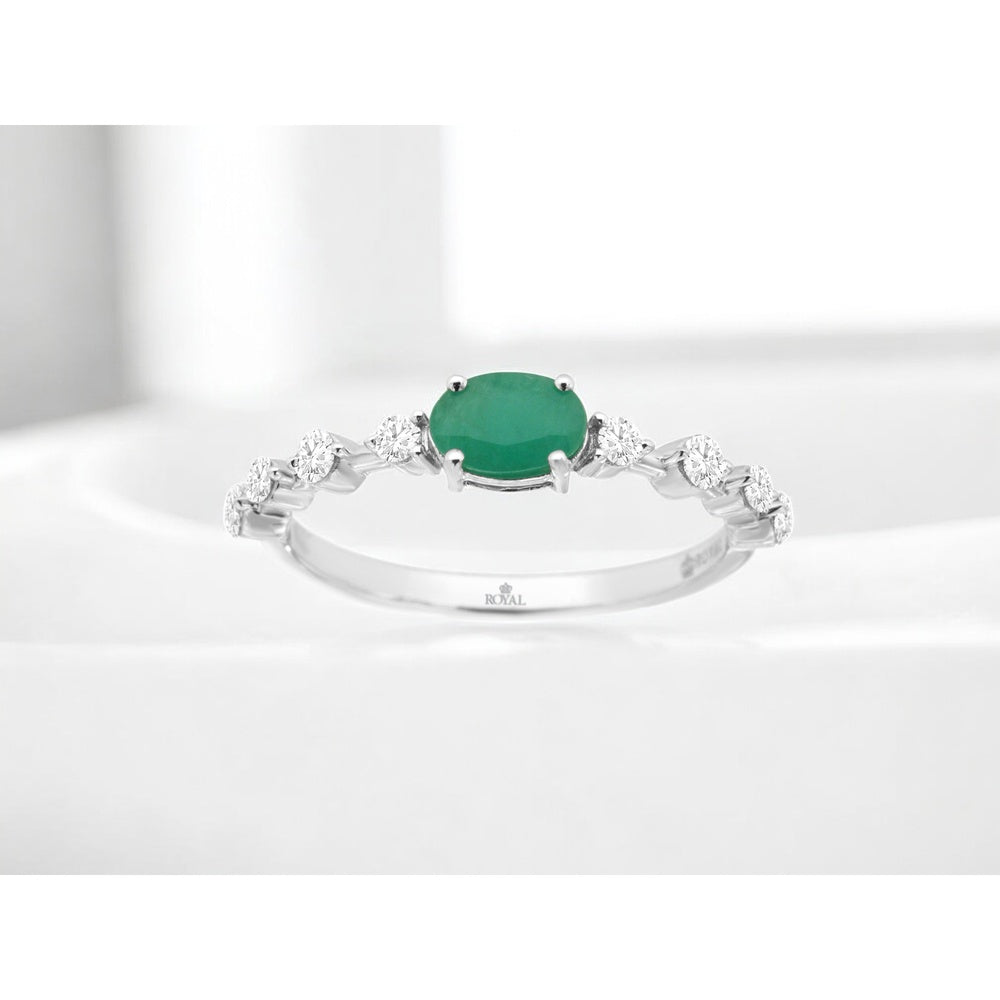 14K White Gold Scalloped Band Ring with Round Emerald and Alternating Diamond Accents - 0.50 Carat Emerald & 0.25 Carat Total Diamond Weight - Royal Jewelry