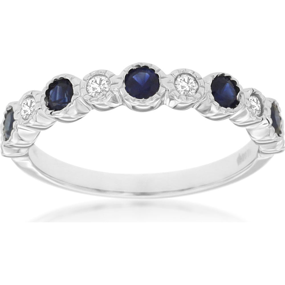 14K White Gold Scalloped Band Ring with Round Sapphires and Diamond Accents - 0.40 Carat Total Sapphire Weight and 0.16 Carat Total Diamond Weight - Royal Jewelry
