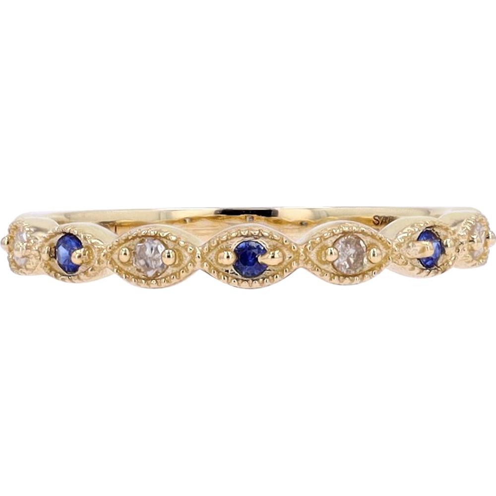 14K White Gold Scalloped Band with Bezel-Set Sapphires and Diamond Accents - 0.15 Carats Total Weight