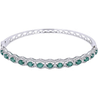 14K White Gold Scalloped Bangle with Oval Emerald and Diamond Halo - 2.50 Carat Emerald Total Weight and 0.93 Carat Diamond Total Weight