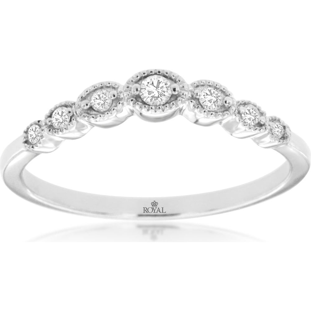 14K White Gold Scalloped Curved Wedding Band with Milgrain Edge and Seven Round Diamonds - 0.12 Carat Total Diamond Weight - Royal Jewelry