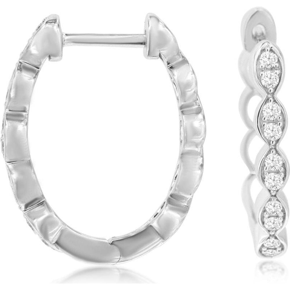 14K White Gold Scalloped Diamond Hoop Earrings with Prong-Set Round Brilliant Diamonds - 0.25 Carat Total Diamond Weight - Royal Jewelry