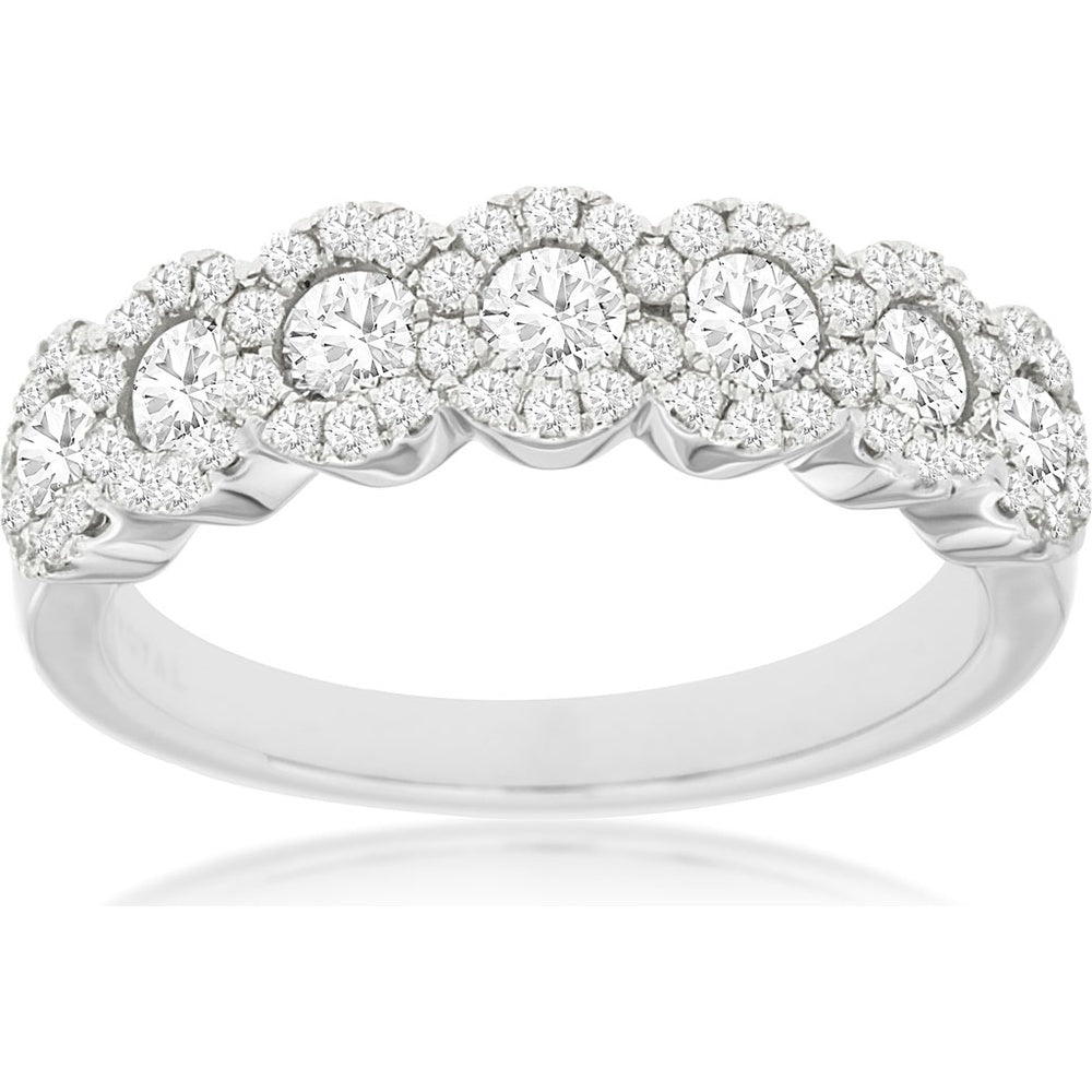 14K White Gold Scalloped Halo Diamond Wedding Band with Round Brilliant Center Stones - 0.95 Carat Total Diamond Weight - Royal Jewelry