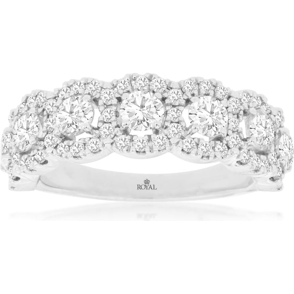 14K White Gold Scalloped Halo Diamond Wedding Band with Round Brilliant Cut Stones - 1.50 Carat Total Diamond Weight - Royal Jewelry