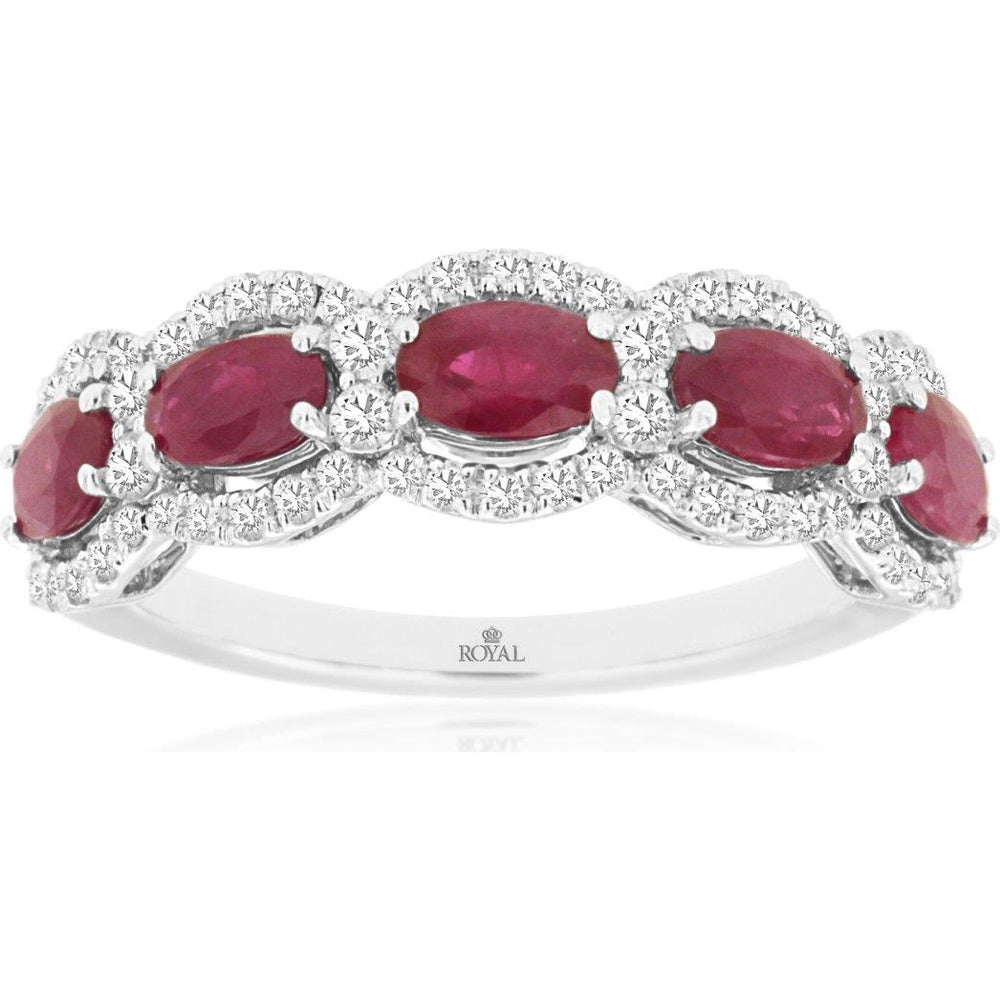 14K White Gold Scalloped Halo Ring with Oval Rubies and Round Diamonds - 1.60 Carat Total Ruby Weight and 0.44 Carat Total Diamond Weight - Royal Jewelry