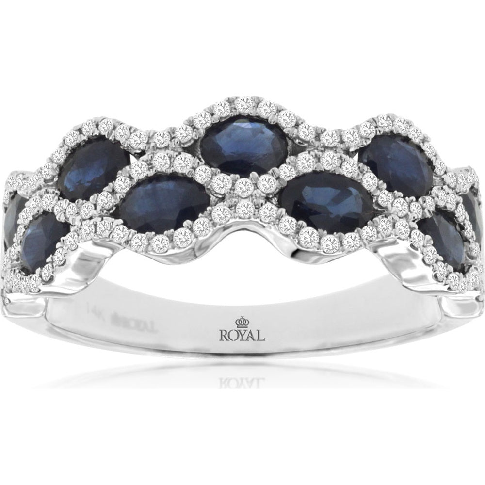 14K White Gold Scalloped Halo Ring with Oval Sapphires and Round Diamonds - 1.85 Carat Total Sapphire Weight and 0.26 Carat Total Diamond Weight - Royal Jewelry