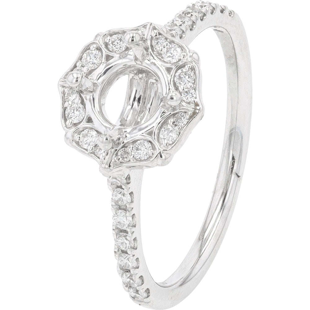 14K White Gold Scalloped Halo Semi-Mount Ring with Milgrain Detail and 0.28 Carat Total Diamond Accents