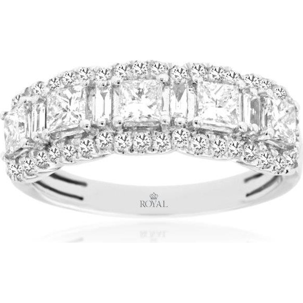 14K White Gold Scalloped Halo Wedding Band with Princess and Emerald-Cut Diamonds - 1.30 Carat Total Diamond Weight - Royal Jewelry