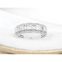 14K White Gold Scalloped Halo Wedding Band with Princess and Emerald-Cut Diamonds - 1.30 Carat Total Diamond Weight - Royal Jewelry