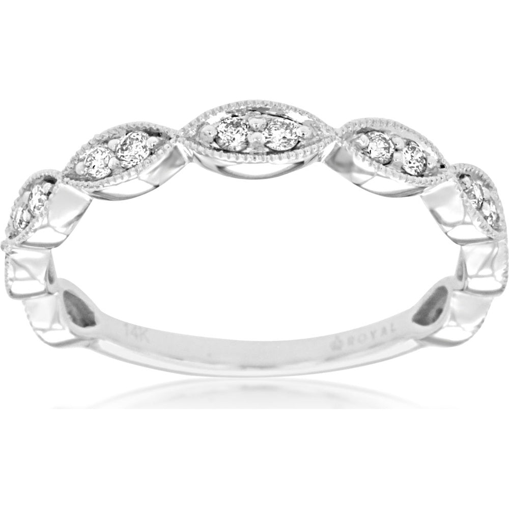 14K White Gold Scalloped Milgrain Wedding Band with Marquise Settings and Round Brilliant Diamonds - 0.25 Carat Total Diamond Weight - Royal Jewelry