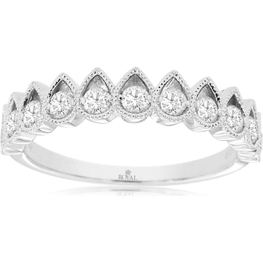 14K White Gold Scalloped Pear-Shaped Diamond Wedding Band with Milgrain Detail – 0.50 Carat Total Diamond Weight - Royal Jewelry