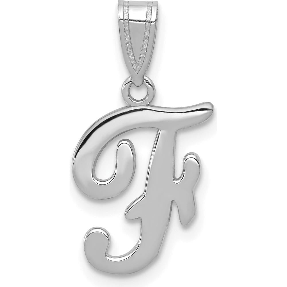 14K White Gold Script Letter "F" Initial Pendant with Polished Finish and Rhodium Plating by Oro Pregiato