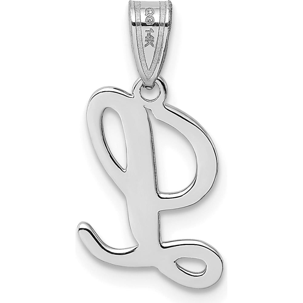 14K White Gold Script Letter L Initial Pendant - Polished Rhodium Finish by Oro Pregiato