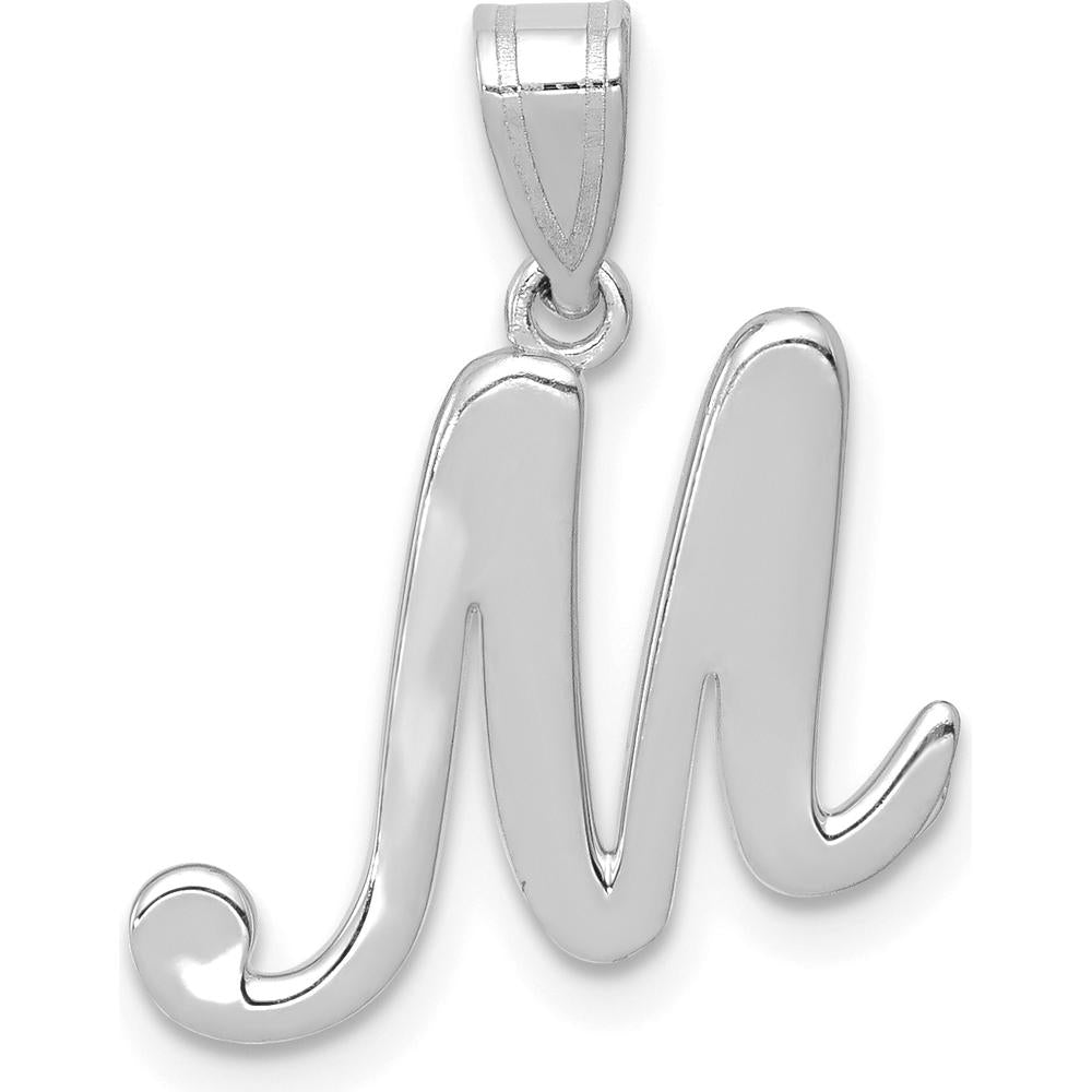 14K White Gold Script Letter M Initial Pendant with Polished Finish and Rhodium Plating by Oro Pregiato