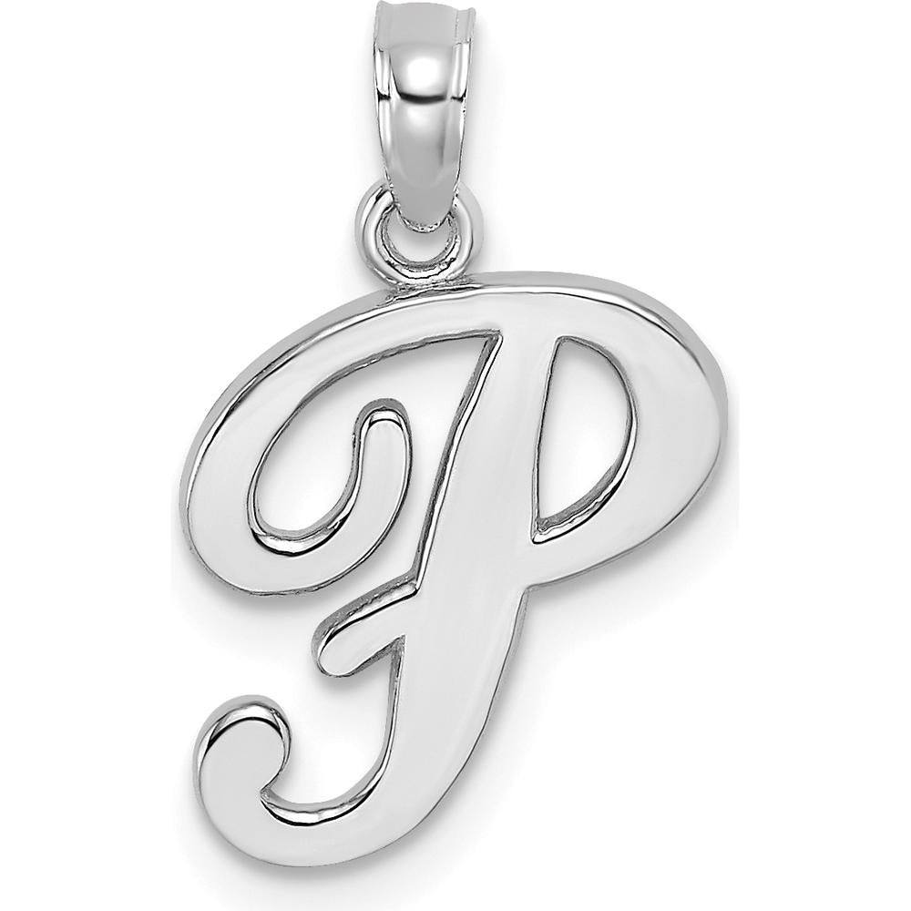 14K White Gold Script Letter P Initial Pendant with Rhodium Plating by Oro Pregiato