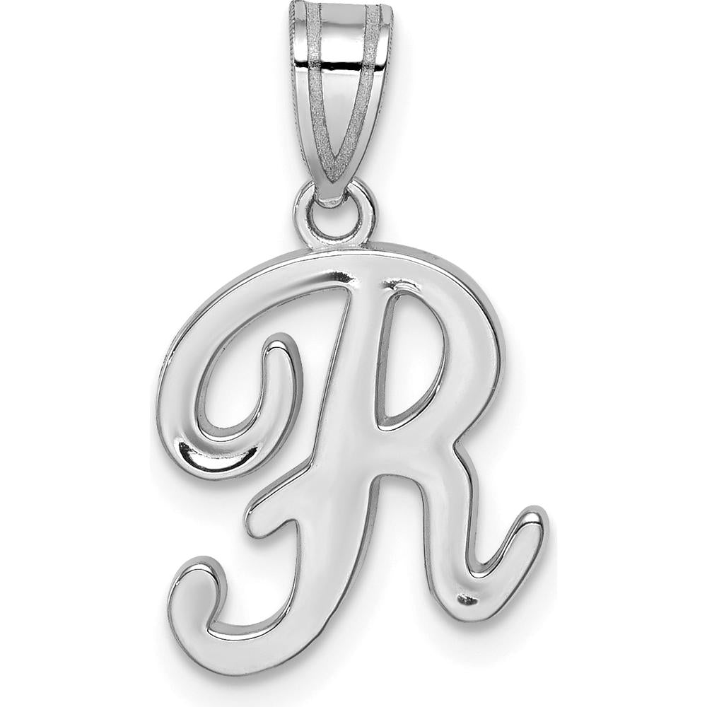 14K White Gold Script Letter R Initial Pendant - Polished Rhodium Plated Finish by Oro Pregiato