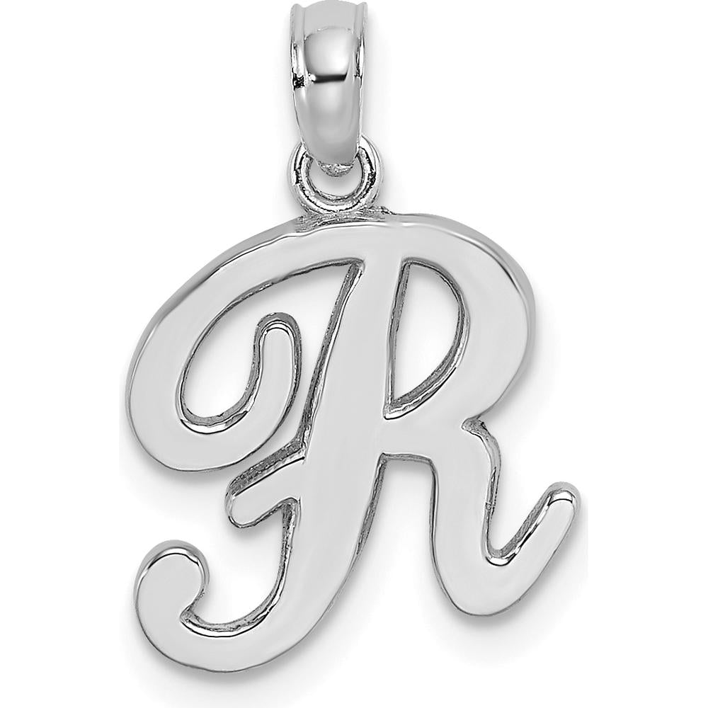 14K White Gold Script Letter "R" Pendant with Rhodium Plating by Oro Pregiato