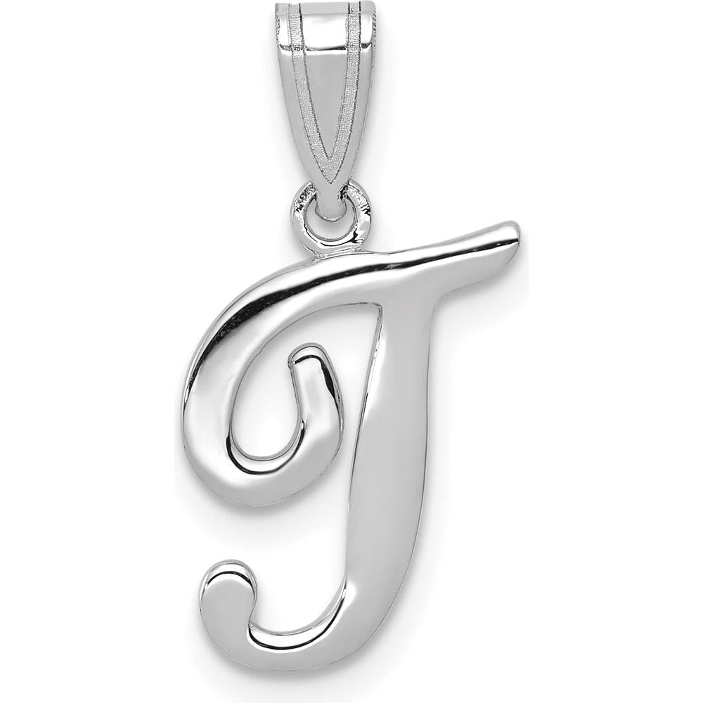 14K White Gold Script Letter T Initial Pendant with Rhodium Plating - Elegant Personalized Charm by Oro Pregiato