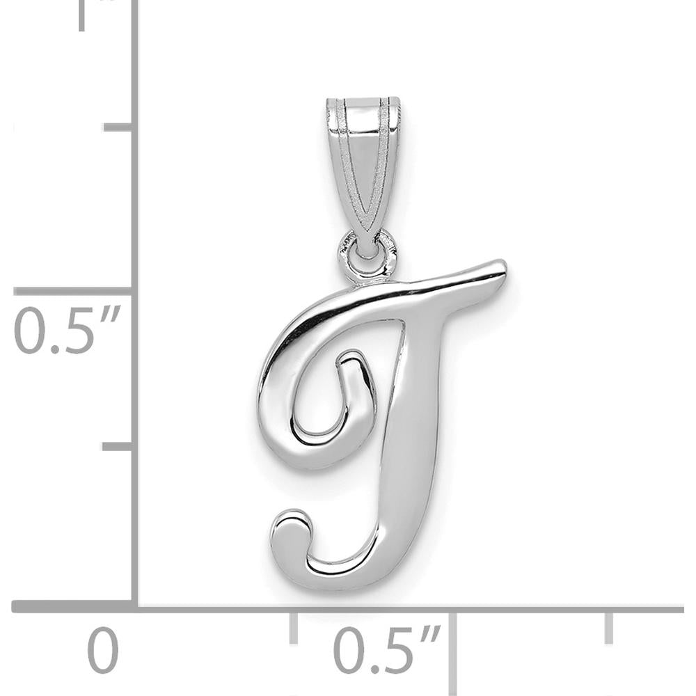 14K White Gold Script Letter T Initial Pendant with Rhodium Plating - Elegant Personalized Charm by Oro Pregiato